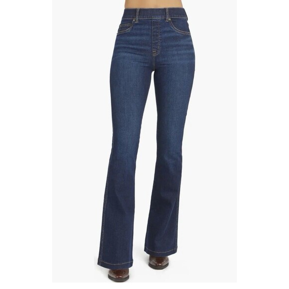 Spanx Women’s Sz L Pull On Blue‎ Jeans Dark Wash Stretch Flare Bootcut Slimming - Picture 1 of 11